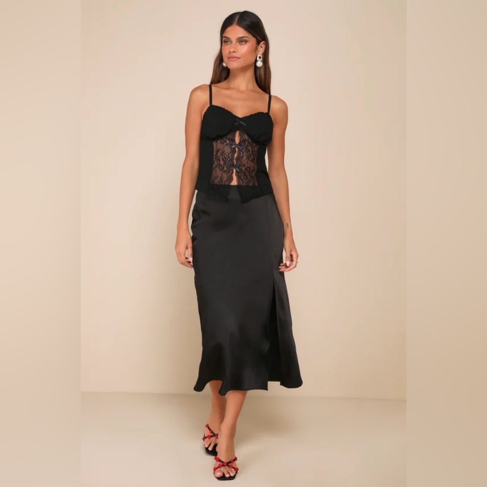 Lulus Sultry Pick Mesh Sheer Lace Bow Cami Top - Picture 4 of 9